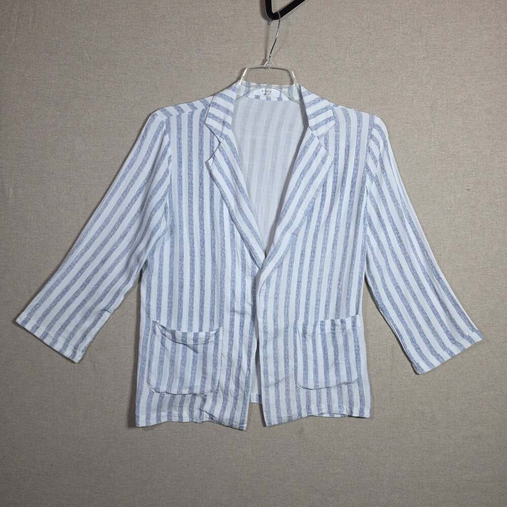 Elodie white & Blue striped Blazer Womens L Light weight Striped Cuff Career